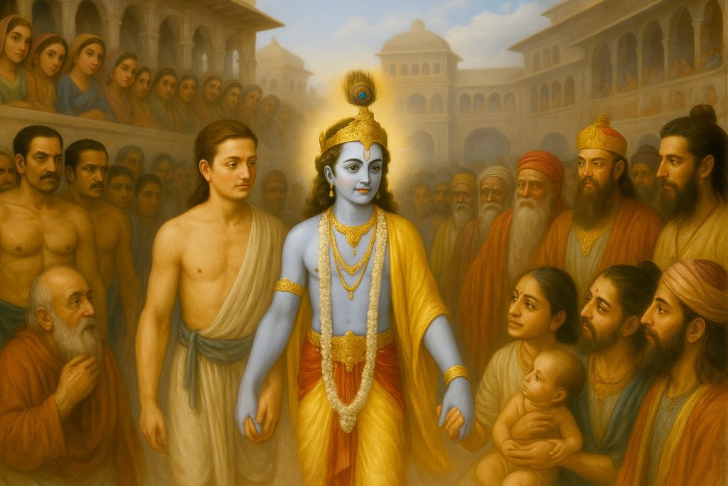 Sri Krishna, the eternal liberator, inspires freedom by breaking worldly bonds—whether guiding Arjuna on the battlefield or enchanting the Gopis with His flute. His teachings in the Bhagavad Gita remind us that true liberty lies in realizing our eternal, blissful nature.