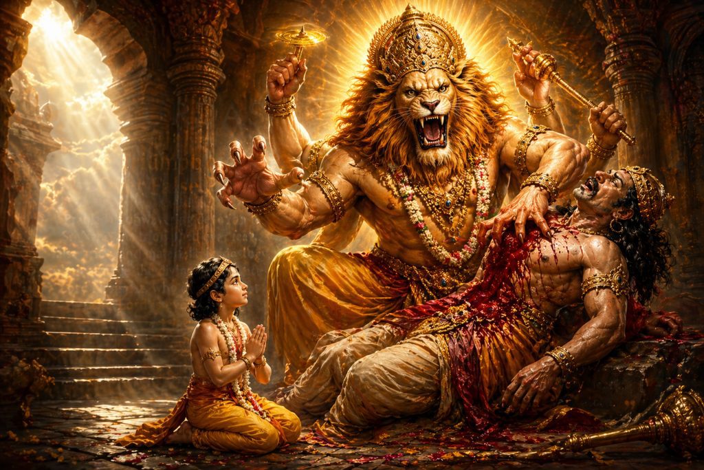 Prahlada’s steadfast devotion to Sri Narayana stands as an eternal symbol of faith, truth, and the triumph of divine love over darkness.